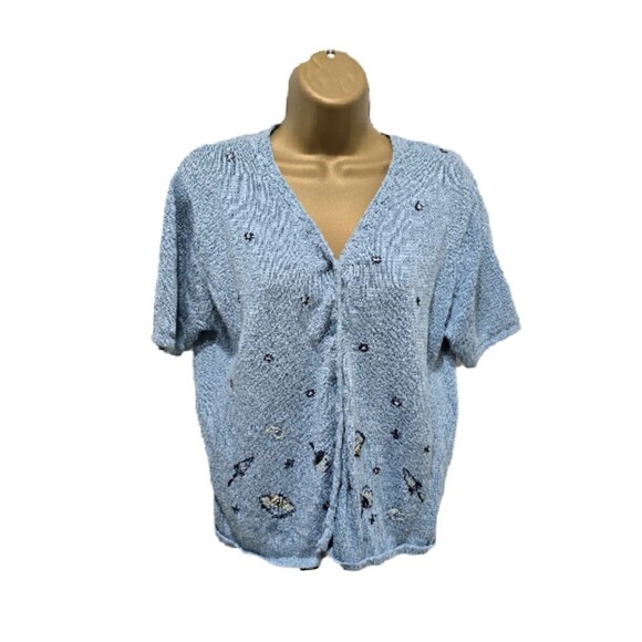 Vtg Blue Embroidered Cardigan Sweater Womens Lg Cottage Linen Blend Short Sleeve - Picture 8 of 8